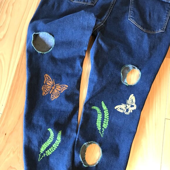 Cutout Jeans Women, Junior Size 15: Upcycled Painted Butterfly Funky Pants - Picture 9 of 13